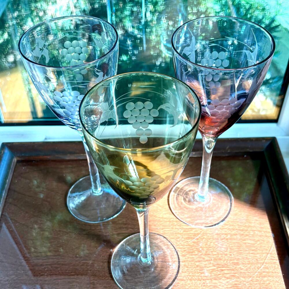 Hand Blown Wine Glasses Green & Purple Etched Grape Set of 3